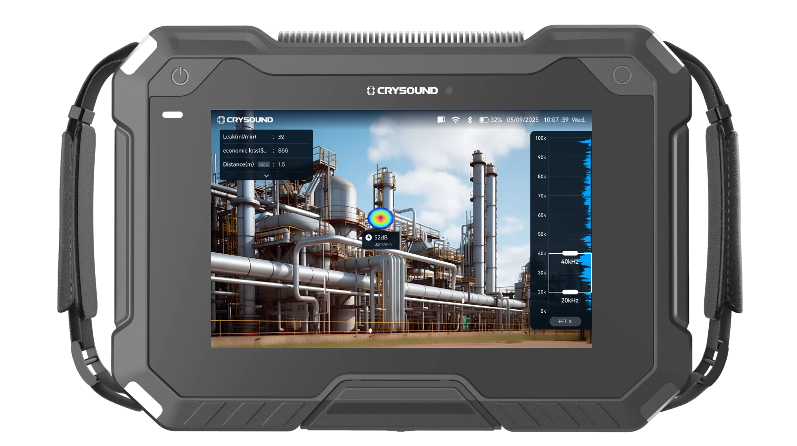 Front view of the CRY8124 with thermal and acoustic imaging display.