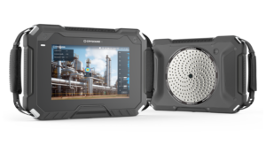 Front and rear views of a CRYSOUND acoustic imaging camera displaying a gas leak on industrial piping, with white corner accents.