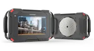 Front and rear views of a CRYSOUND acoustic imaging camera displaying a gas leak on industrial piping, with red corner accents.