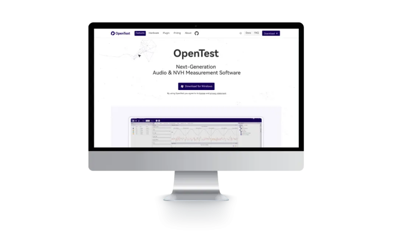 Desktop display showing the OpenTest audio and NVH measurement software homepage.