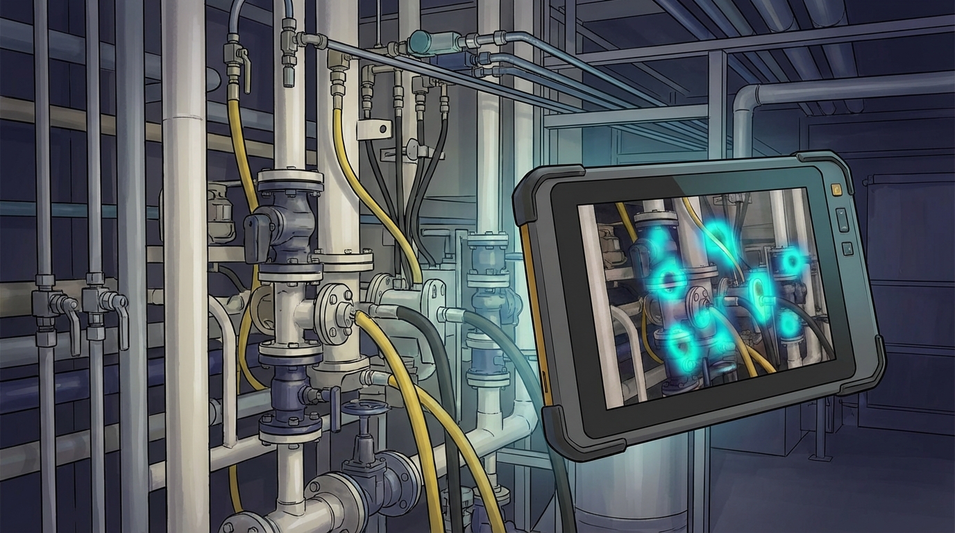 Acoustic imaging used to localize compressed air leaks around industrial manifolds and lines