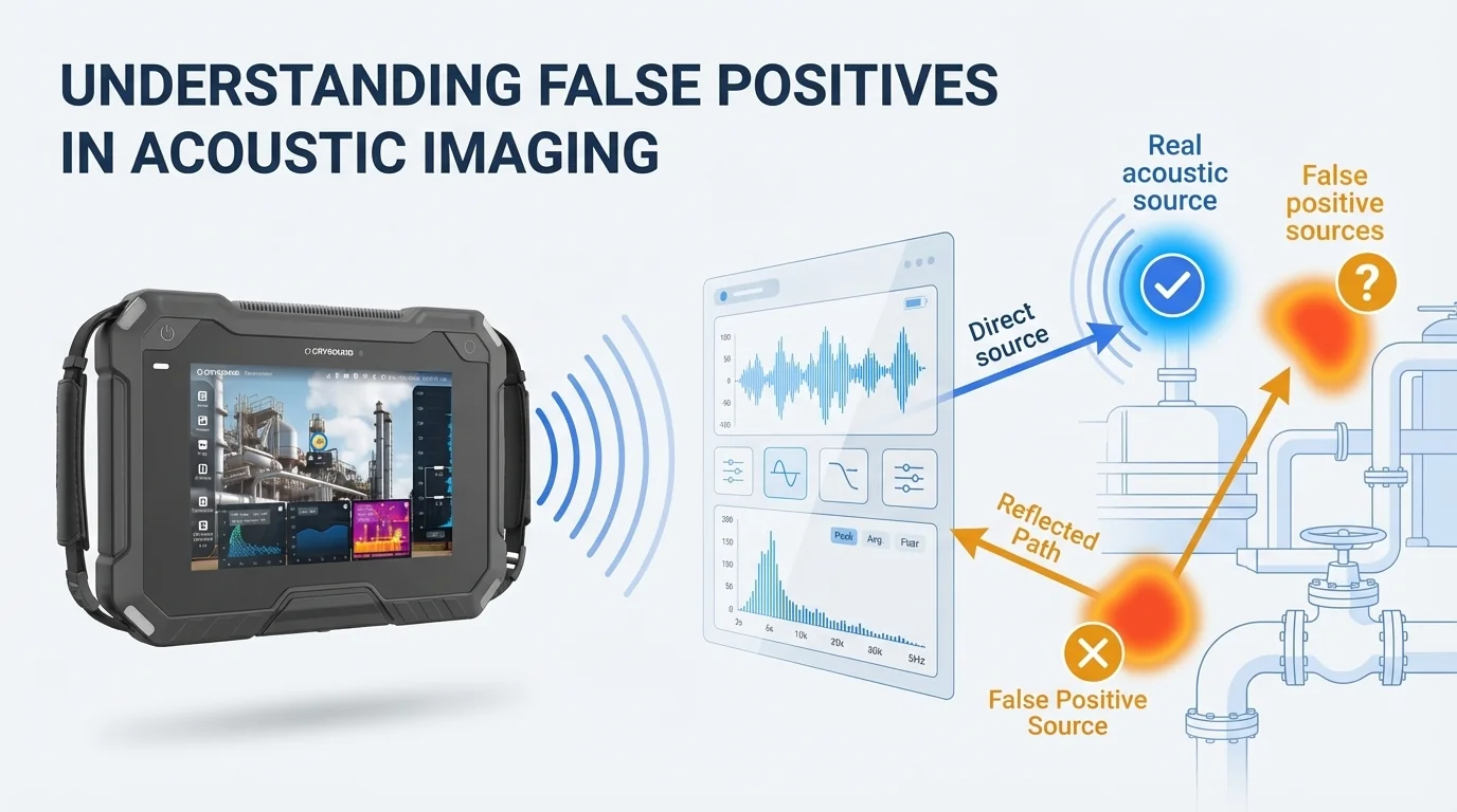 Banner image for False Positives in Acoustic Imaging blog post featuring CRY8124 camera and diagnostic workflow