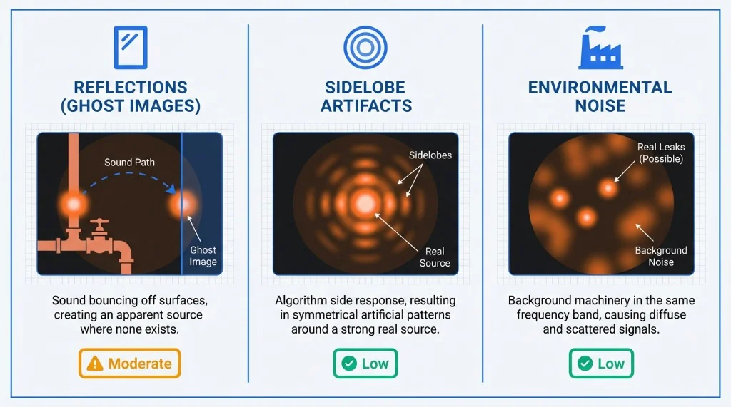 Overview comparison of three types of acoustic imaging false positives: Reflections, Sidelobe Artifacts, and Environmental Noise