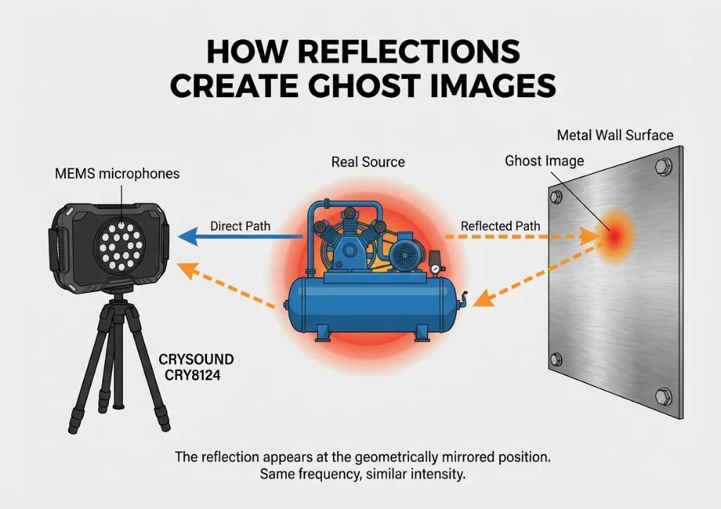 Diagram showing how sound reflections off a metal wall create ghost images at the mirrored position