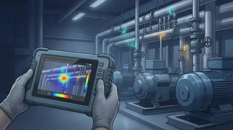 Fuites d’air comprimé visualisées dans une usine industrielle à l’aide d’une caméra d’imagerie acoustique de type tablette