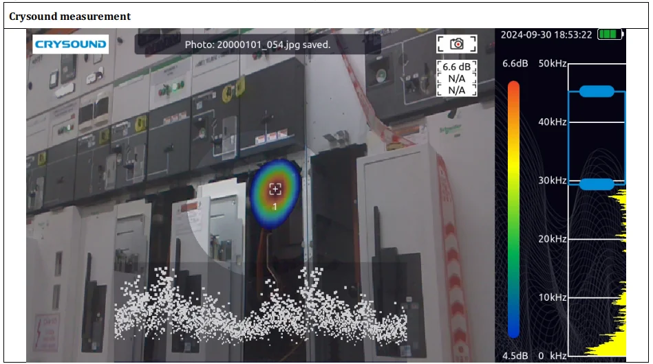 CRY2623 acoustic imaging locating floating PD at the upper pole field deflector of the circuit breaker.