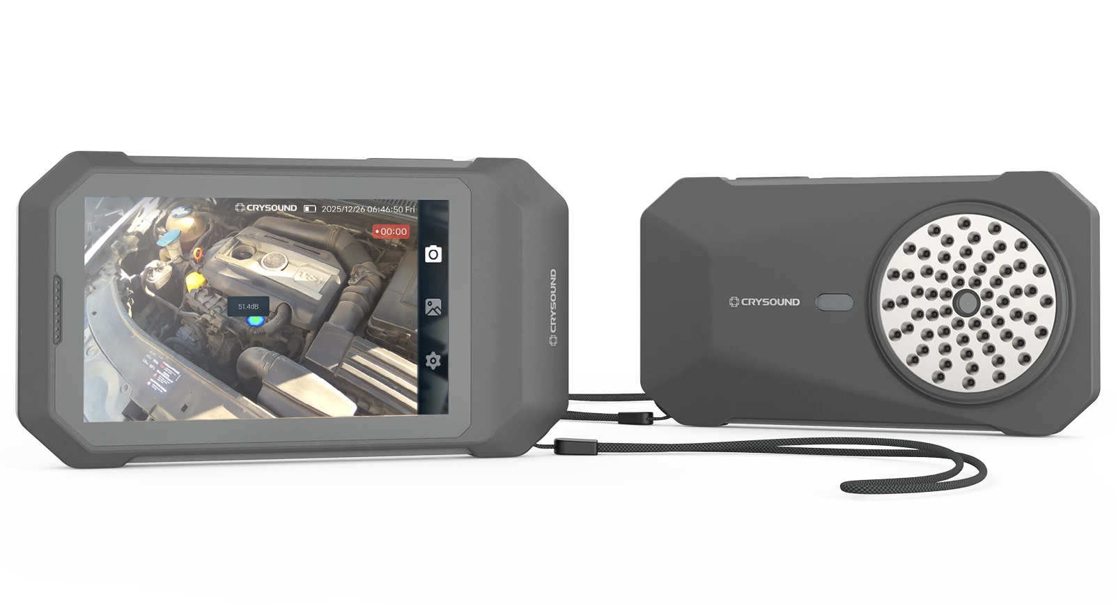 CRYSOUND POCKET portable acoustic imaging camera front and back view for leak detection and partial discharge inspection