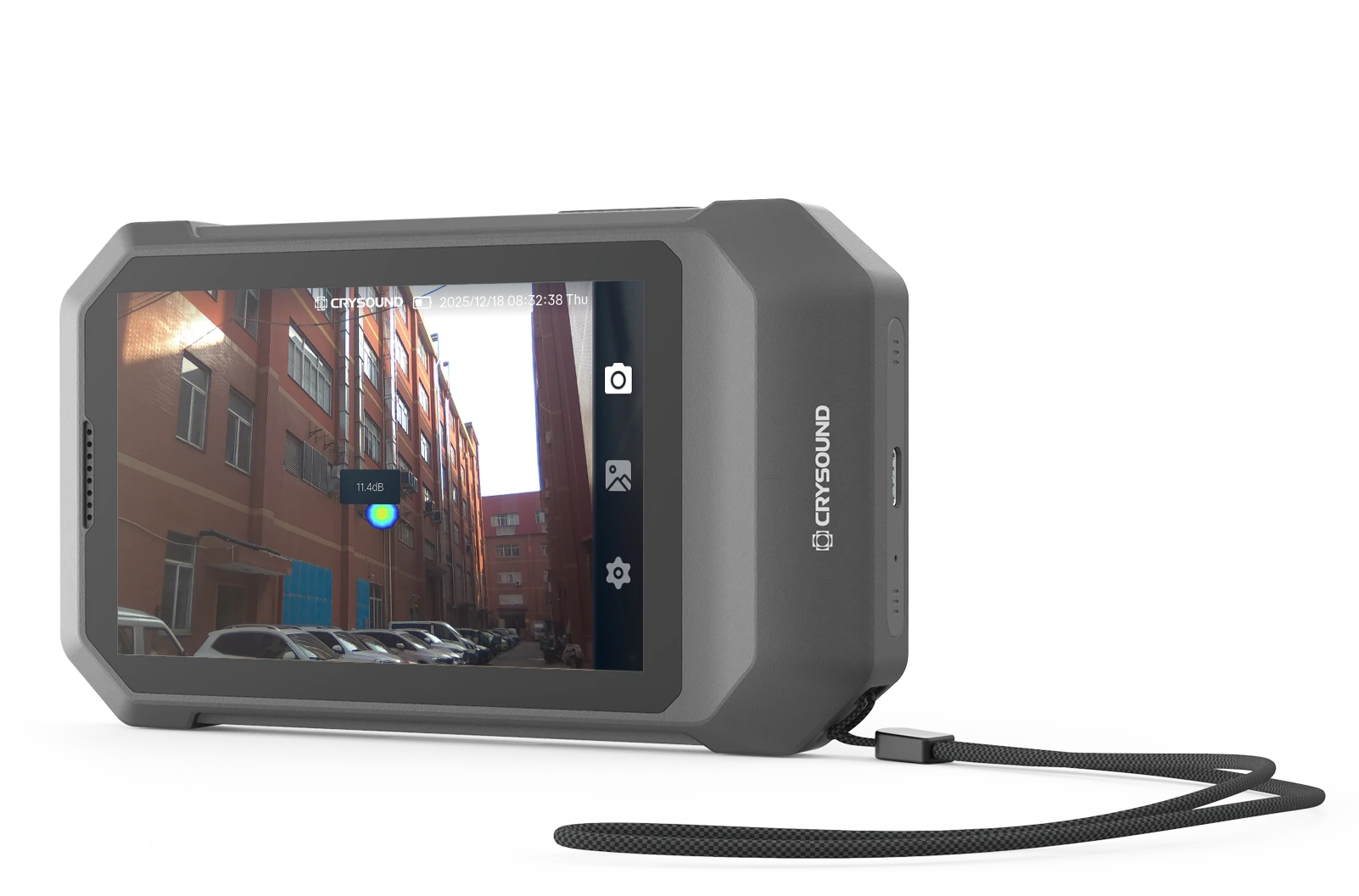 CRYSOUND POCKET acoustic imaging camera side view showing leak detection