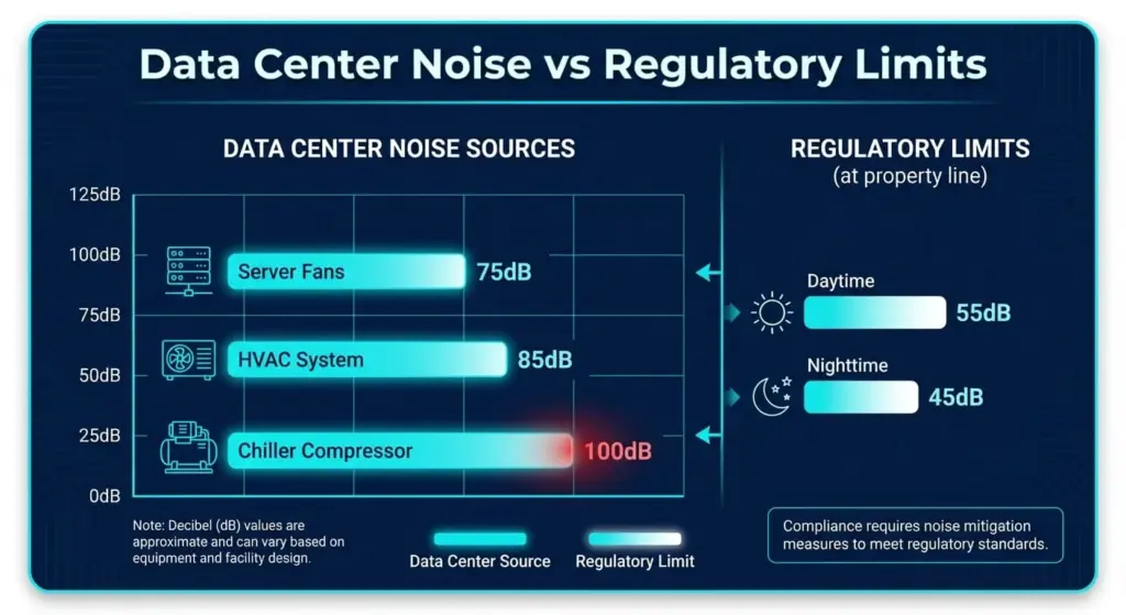 Site view related to data center noise monitoring and property boundary environmental compliance