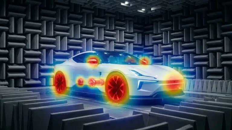 Véhicule électrique dans une chambre anéchoïque avec superposition d’une carte thermique de formation de faisceau acoustique