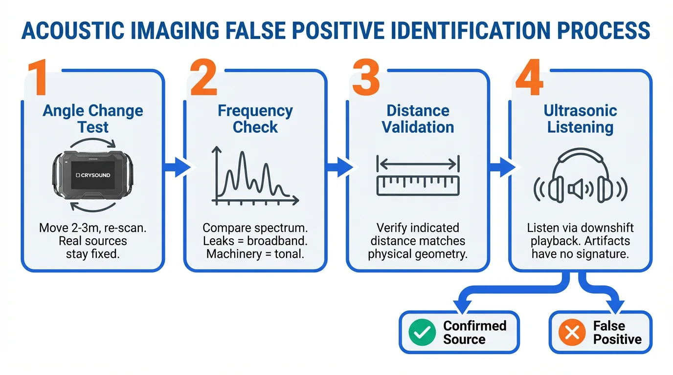 Four-step flowchart for identifying acoustic imaging false positives: Angle Change Test, Frequency Check, Distance Validation, and Ultrasonic Listening