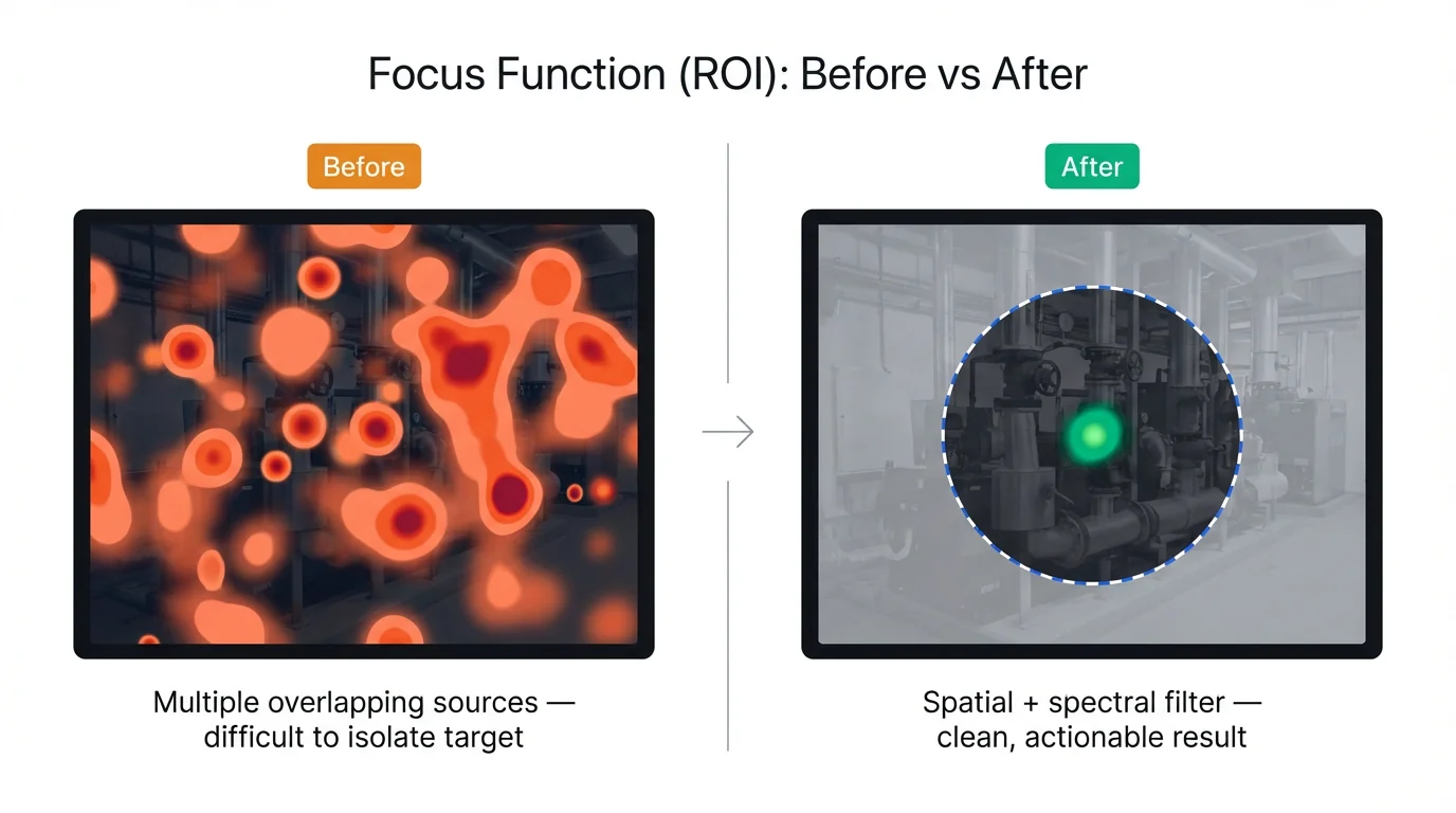 Before and after comparison showing the Focus Function ROI isolating a target source from environmental noise