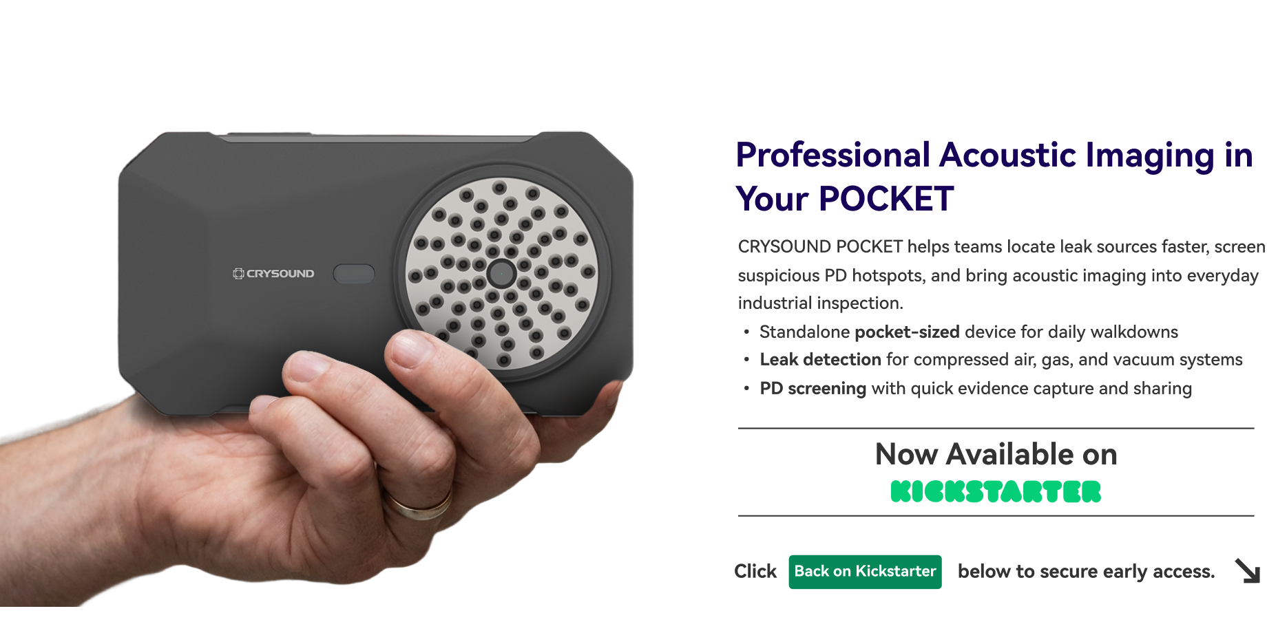 CRYSOUND POCKET acoustic imaging camera held in one hand, with product features, Kickstarter launch message, and early bird price information.