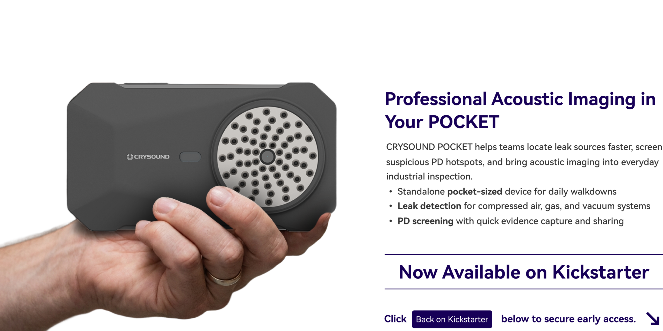 CRYSOUND POCKET acoustic imaging camera held in one hand, with product features, Kickstarter launch message, and early bird price information.