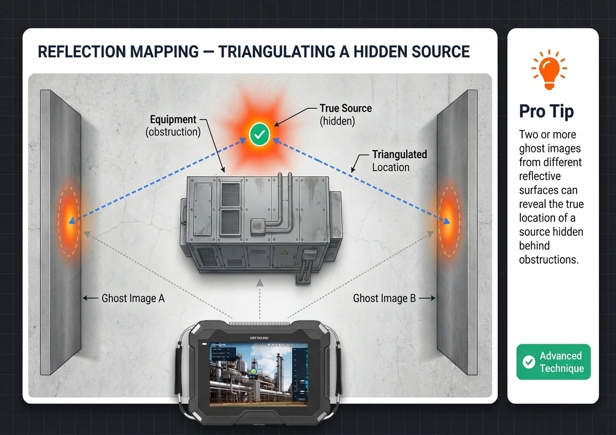 Top-down diagram showing how ghost images on two reflective walls triangulate a hidden source location behind equipment