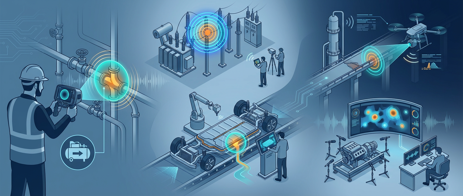 Acoustic imaging camera applications across industries including compressed air leak detection, partial discharge inspection, EV sealing, drone inspection, and NVH troubleshooting.