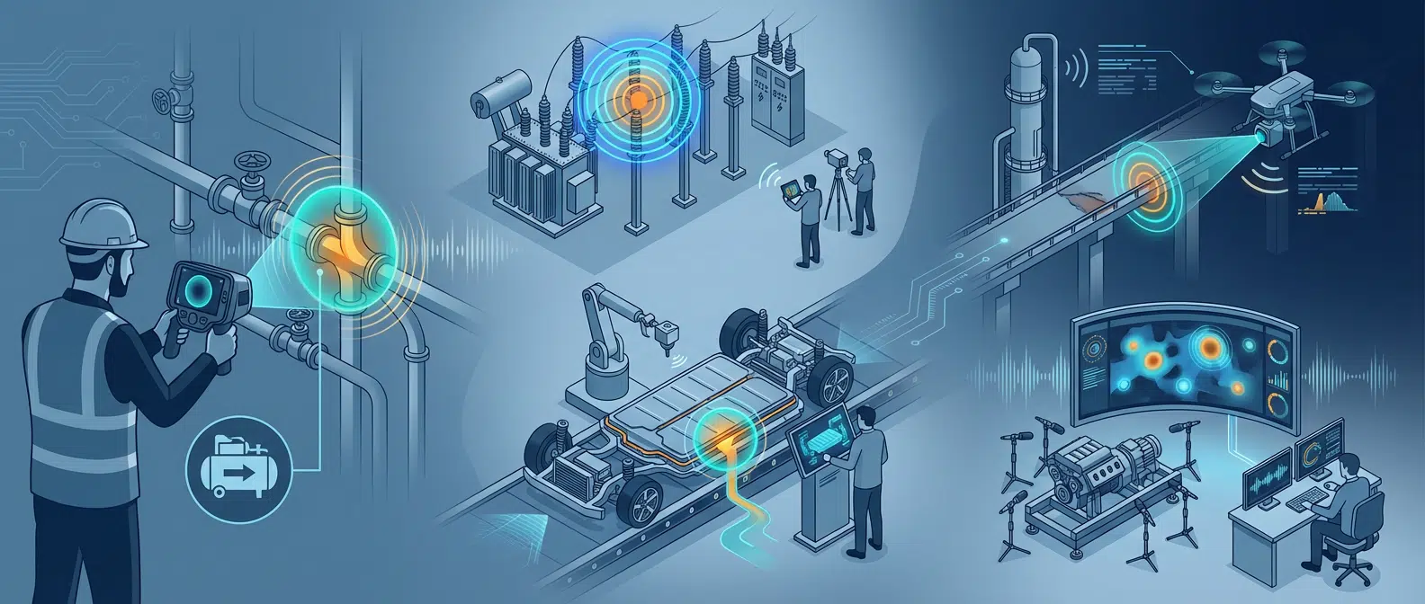 Applications des caméras d’imagerie acoustique dans différents secteurs, notamment la détection de fuites d’air comprimé, l’inspection des décharges partielles, l’étanchéité des véhicules électriques, l’inspection par drone et le diagnostic NVH.