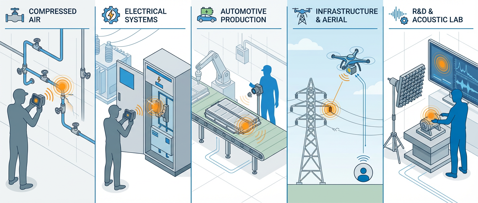 acoustic imaging camera applications across industries including compressed air, partial discharge, automotive sealing, drone inspection, and NVH testing.
