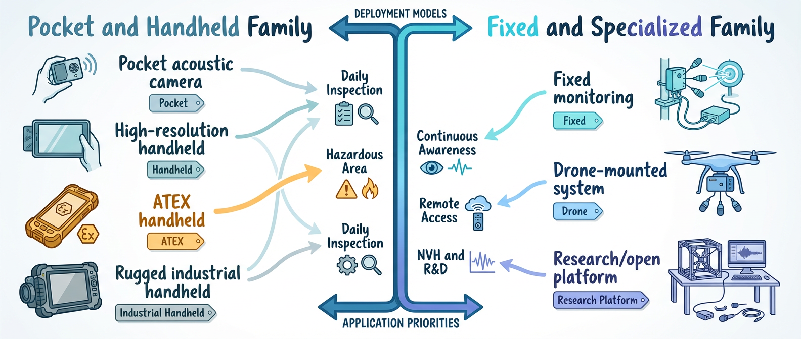 comparison of acoustic imaging camera deployment models by application, including pocket and handheld options.