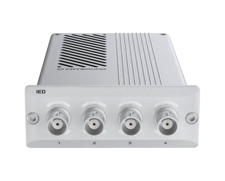 Crysound IED 4-channel analog input module with BNC connectors on front panel and metal enclosure design