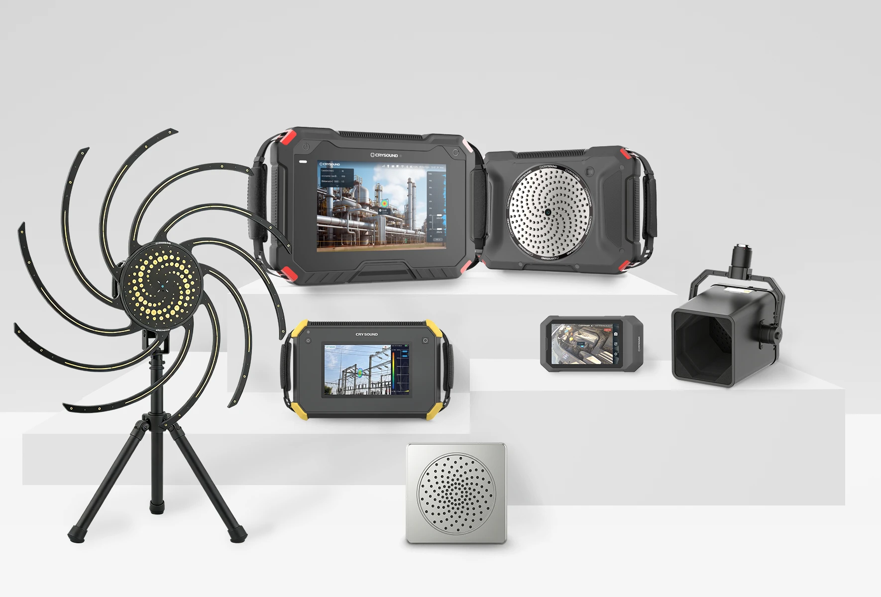 CRYSOUND acoustic imaging devices from the handheld, fixed, UAV, pocket and SonoCam Pi series on display.