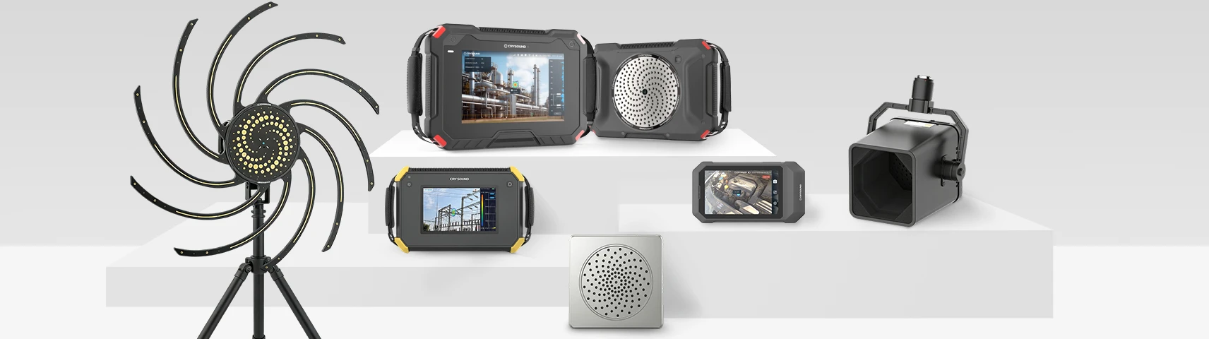 CRYSOUND acoustic imaging product line including handheld, fixed, UAV, pocket acoustic camera and SonoCam Pi systems.