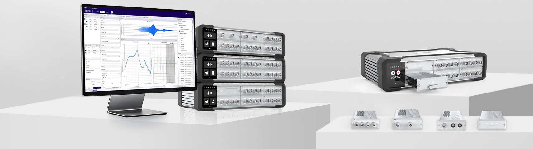 CRYSOUND modular data acquisition system product line with analysis software, main unit, and extension modules.