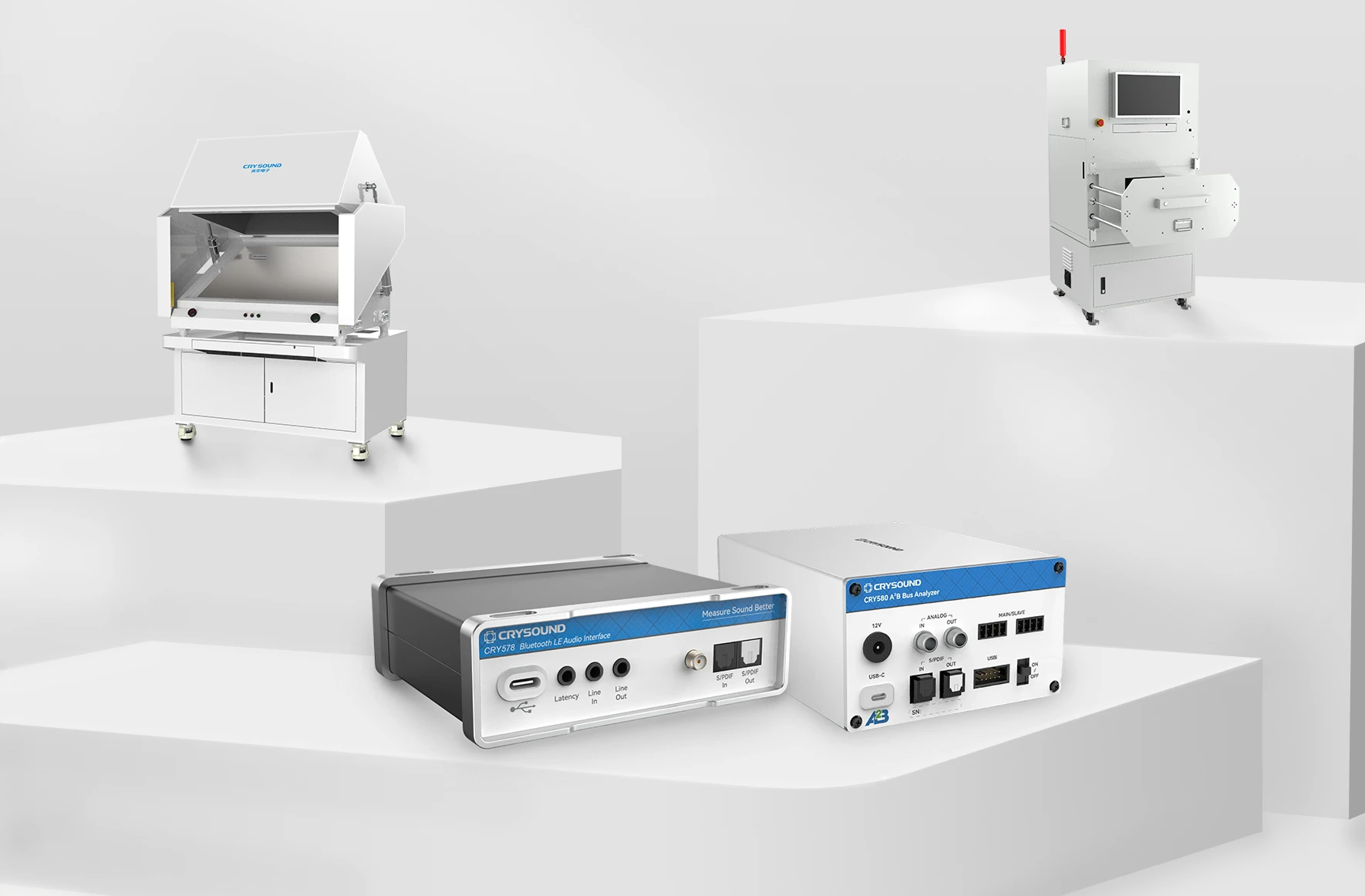 CRYSOUND electroacoustic test equipment including audio test interfaces, analyzers, and acoustic test chambers on display.