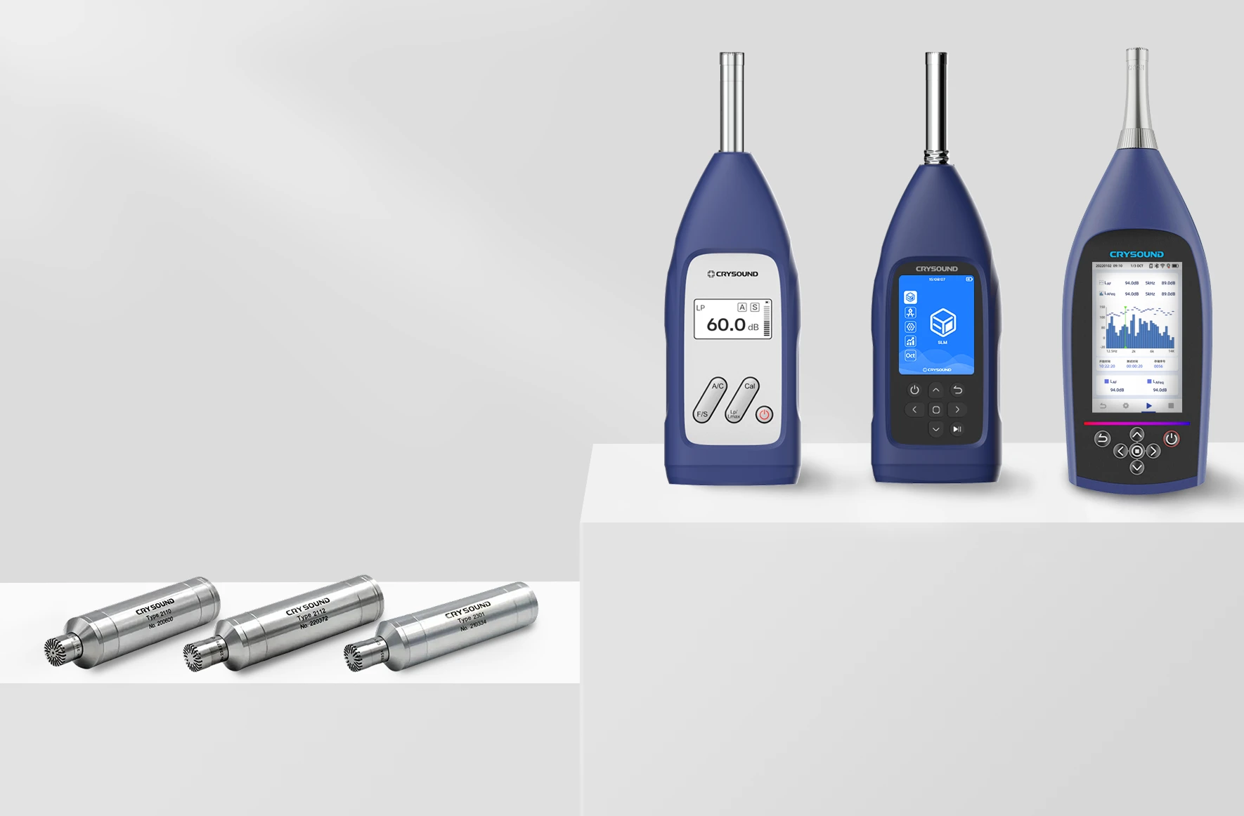 CRYSOUND noise measurement devices including sound level meters and noise sensors on display.