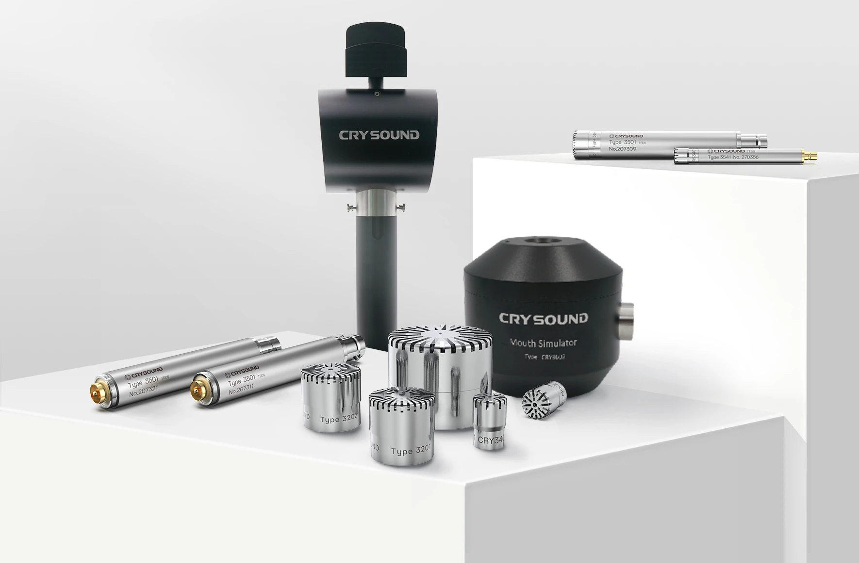 CRYSOUND sensors including measurement microphones, mouth simulators, and related acoustic test devices on display.