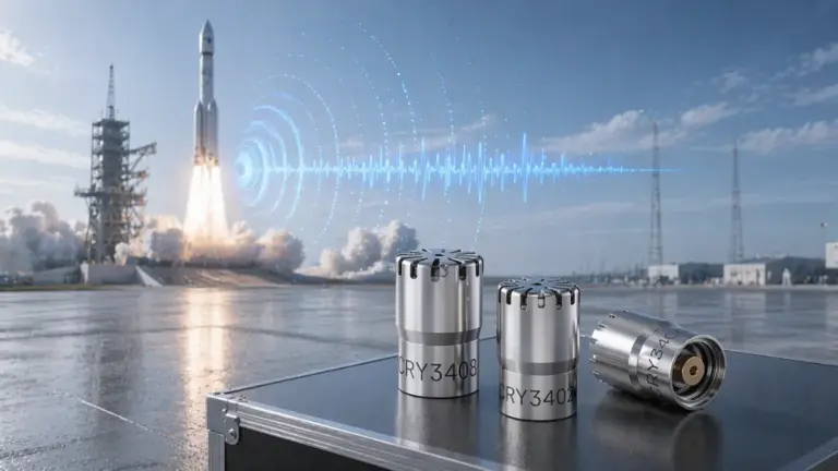 CRY3402, CRY3404, and CRY3408 high-SPL microphones are shown in the foreground with a rocket launch in the background, illustrating aerospace acoustic measurement under extreme sound pressure levels.