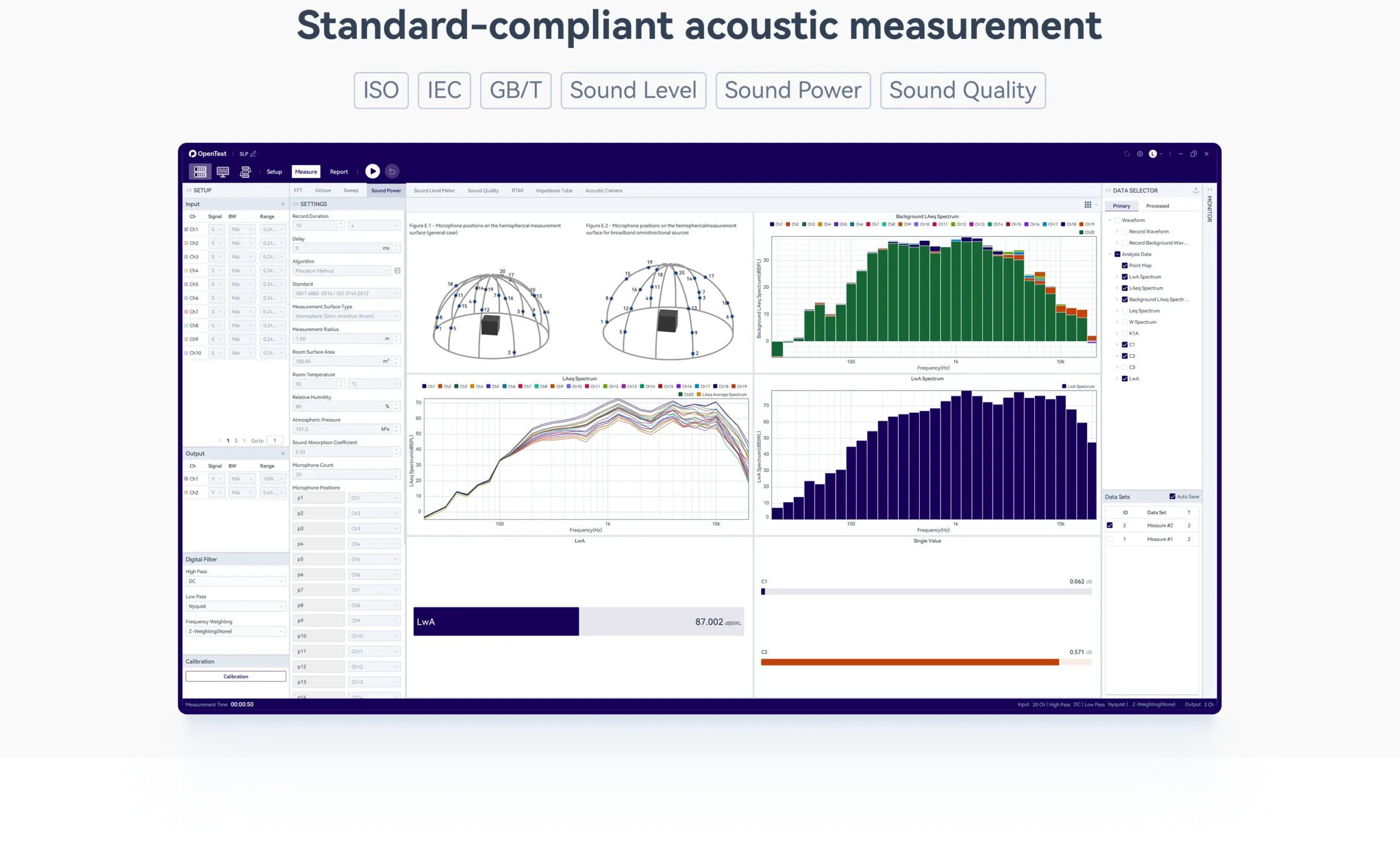 OpenTest acoustic measurement software interface with ISO, IEC, GB/T, sound level, sound power, and sound quality modules