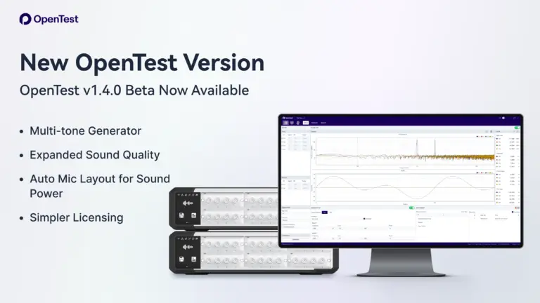 OpenTest v1.4.0 Beta graphic showing software screen and features: multi-tone generator, sound quality, licensing