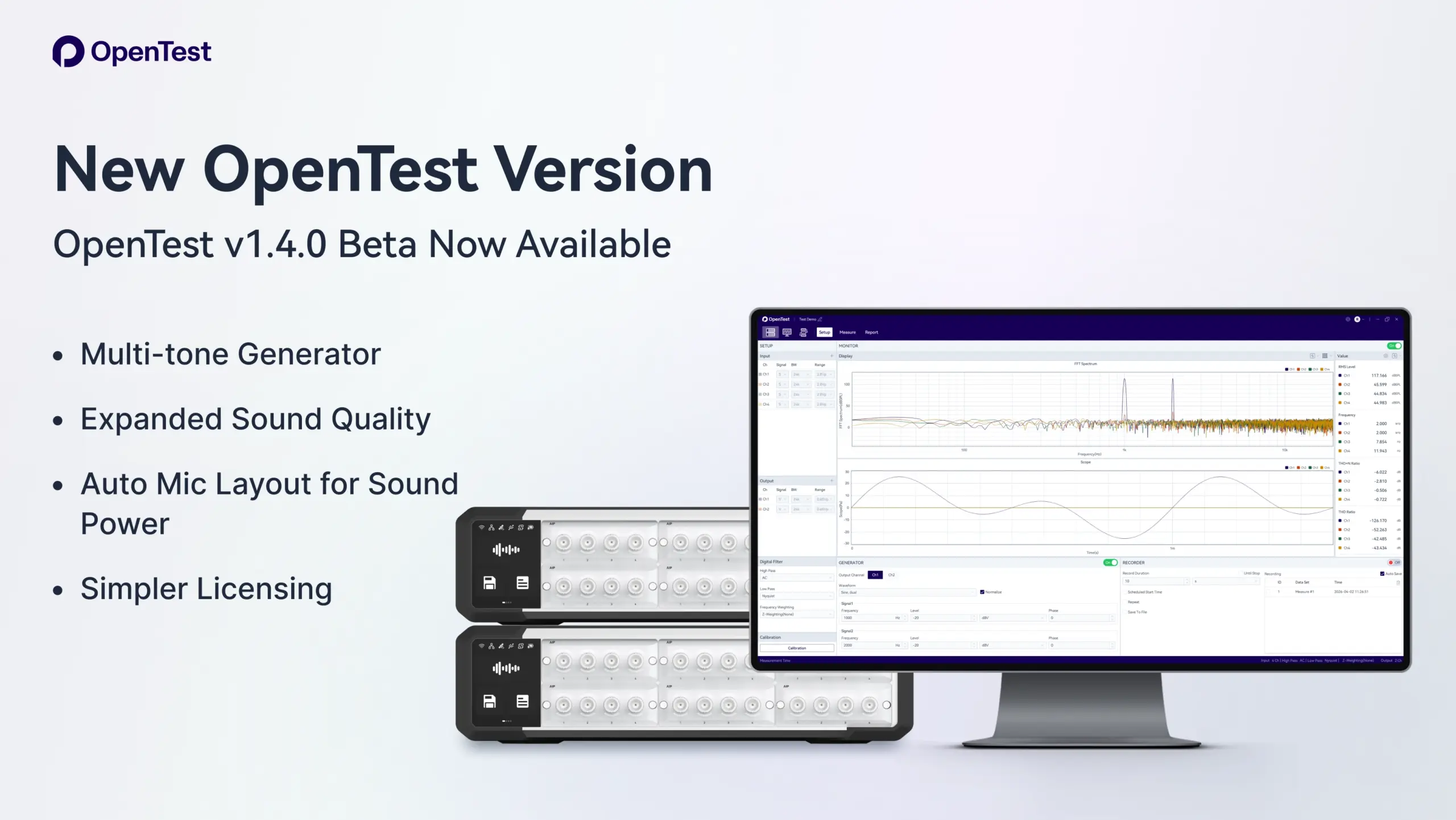 OpenTest v1.4.0 Beta graphic showing software screen and features: multi-tone generator, sound quality, licensing
