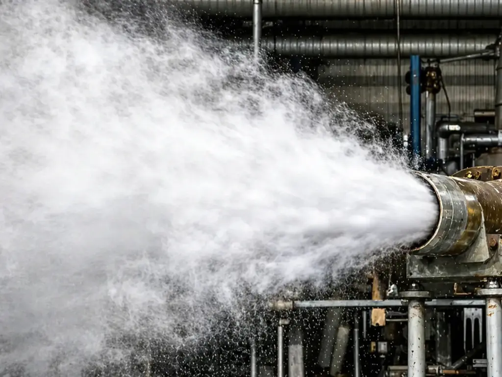 Industrial high SPL acoustic measurement scene with microphones used for monitoring pipe and steam discharge noise.