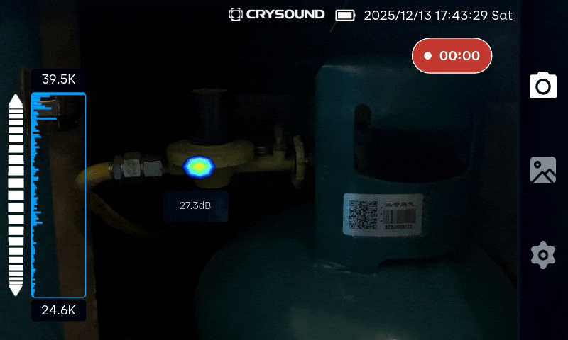 Acoustic camera identifying a gas leak on industrial equipment using ultrasonic leak detection technology