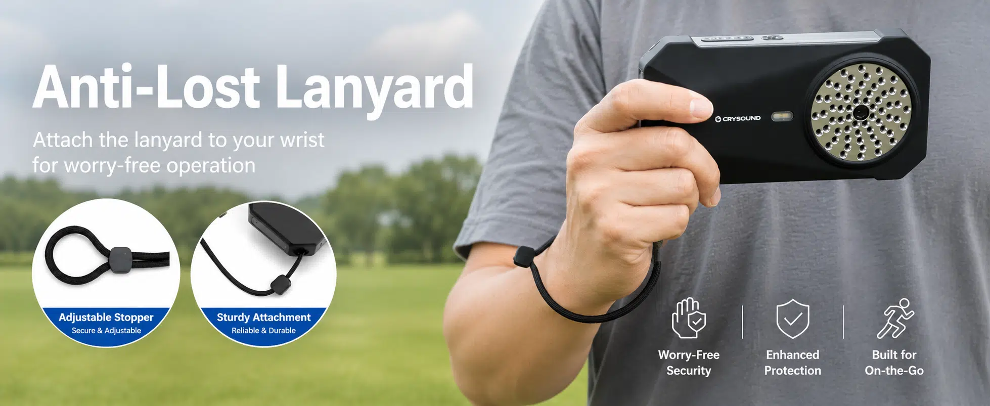 User holding an acoustic camera with an adjustable anti-loss wrist lanyard for secure field inspections