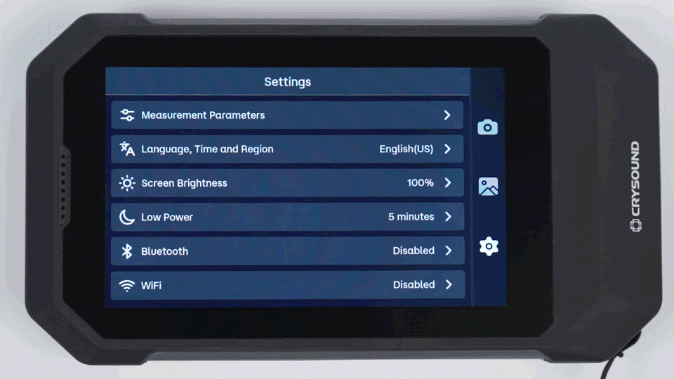 Acoustic camera settings menu displaying measurement parameters, WiFi, Bluetooth and display configuration options