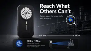 Caméra d’imagerie acoustique SonoCam Pocket détectant les fuites et anomalies sonores de 0,3 à 120 mètres de distance, permettant des inspections à distance en toute sécurité dans les usines industrielles et les installations électriques.