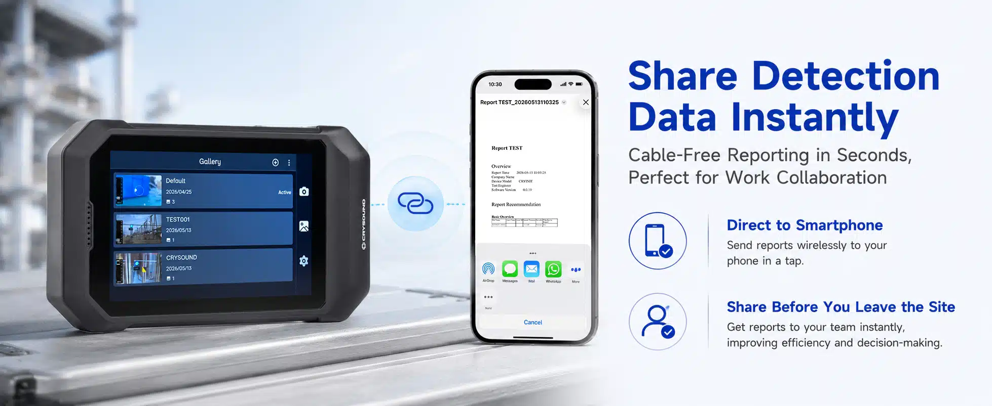 Acoustic camera sharing inspection reports wirelessly to a smartphone for instant data transfer and collaboration
