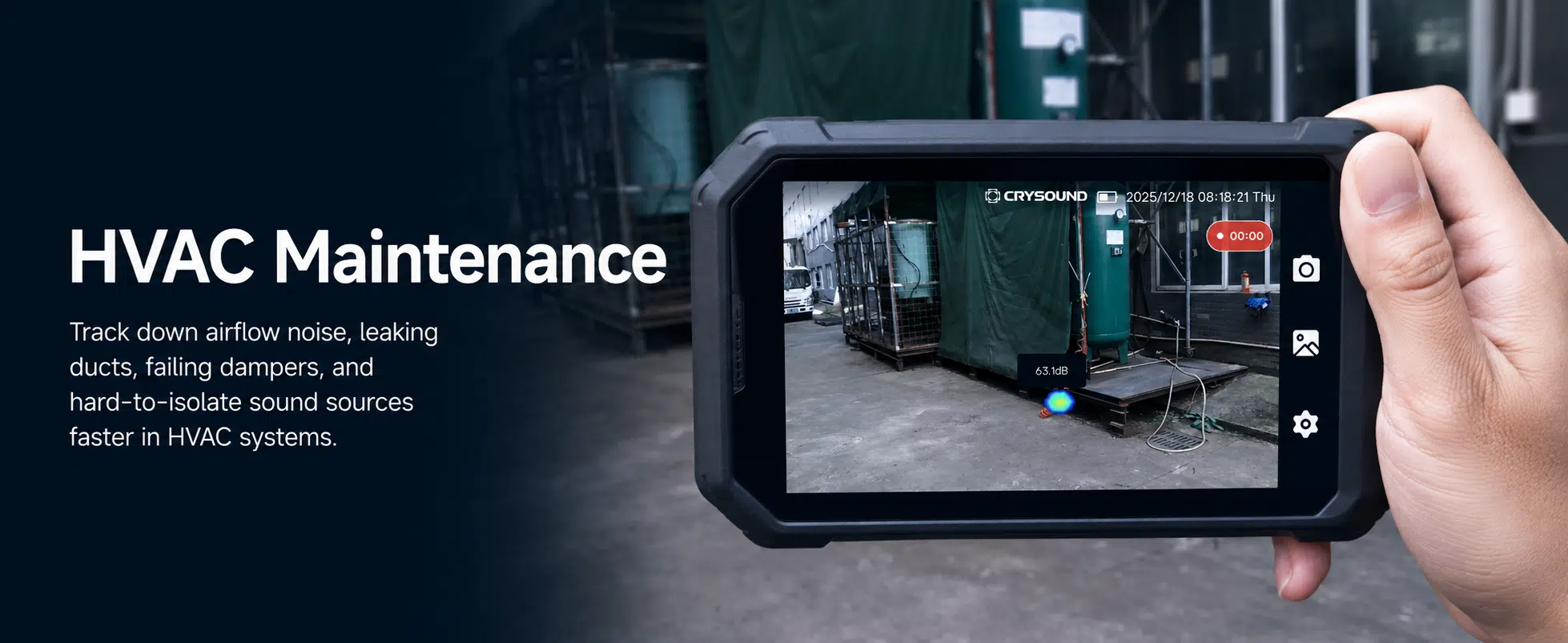 Acoustic camera detecting HVAC airflow noise, duct leaks and equipment faults during maintenance inspection