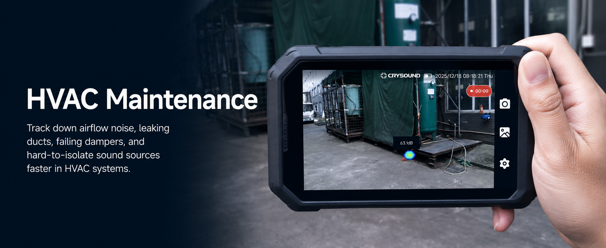 Acoustic camera detecting HVAC airflow noise, duct leaks and equipment faults during maintenance inspection