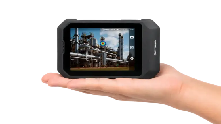 Hand holding the SonoCam Pocket acoustic camera, showcasing its compact portable design for industrial air leak detection and partial discharge inspection