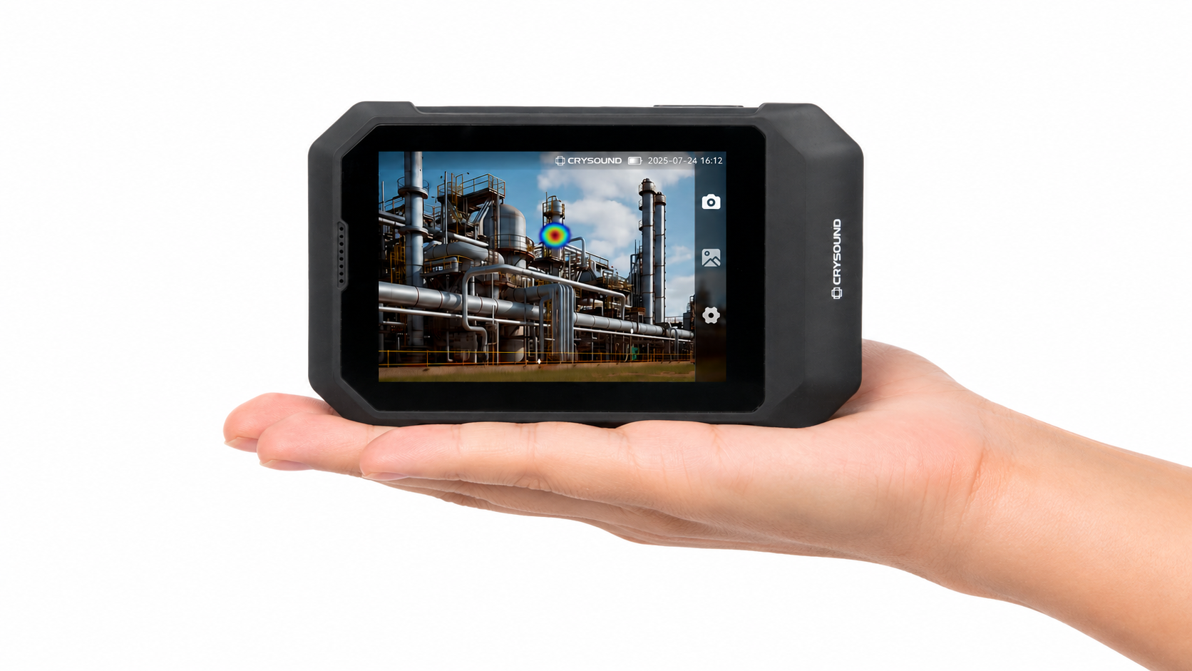 Compact SonoCam Pocket acoustic imaging camera displayed in a hand, featuring a lightweight design for portable leak detection, sound source localization, and predictive maintenance inspections.
