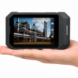 Compact SonoCam Pocket acoustic imaging camera displayed in a hand, featuring a lightweight design for portable leak detection, sound source localization, and predictive maintenance inspections.