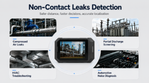 SonoCam Pocket acoustic imaging camera used for compressed air leak detection, HVAC troubleshooting, partial discharge screening, and automotive noise diagnostics in industrial environments.