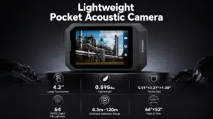 Caméra acoustique SonoCam Pocket dotée d’un écran tactile de 4,3 pouces, de 64 microphones MEMS, d’une portée de détection de 120 mètres, d’un design léger et d’un large champ de vision pour les inspections industrielles.