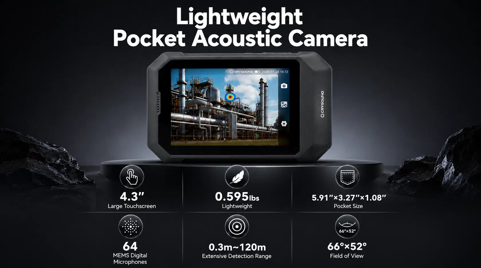 Caméra acoustique SonoCam Pocket dotée d’un écran tactile de 4,3 pouces, de 64 microphones MEMS, d’une portée de détection de 120 mètres, d’un design léger et d’un large champ de vision pour les inspections industrielles.
