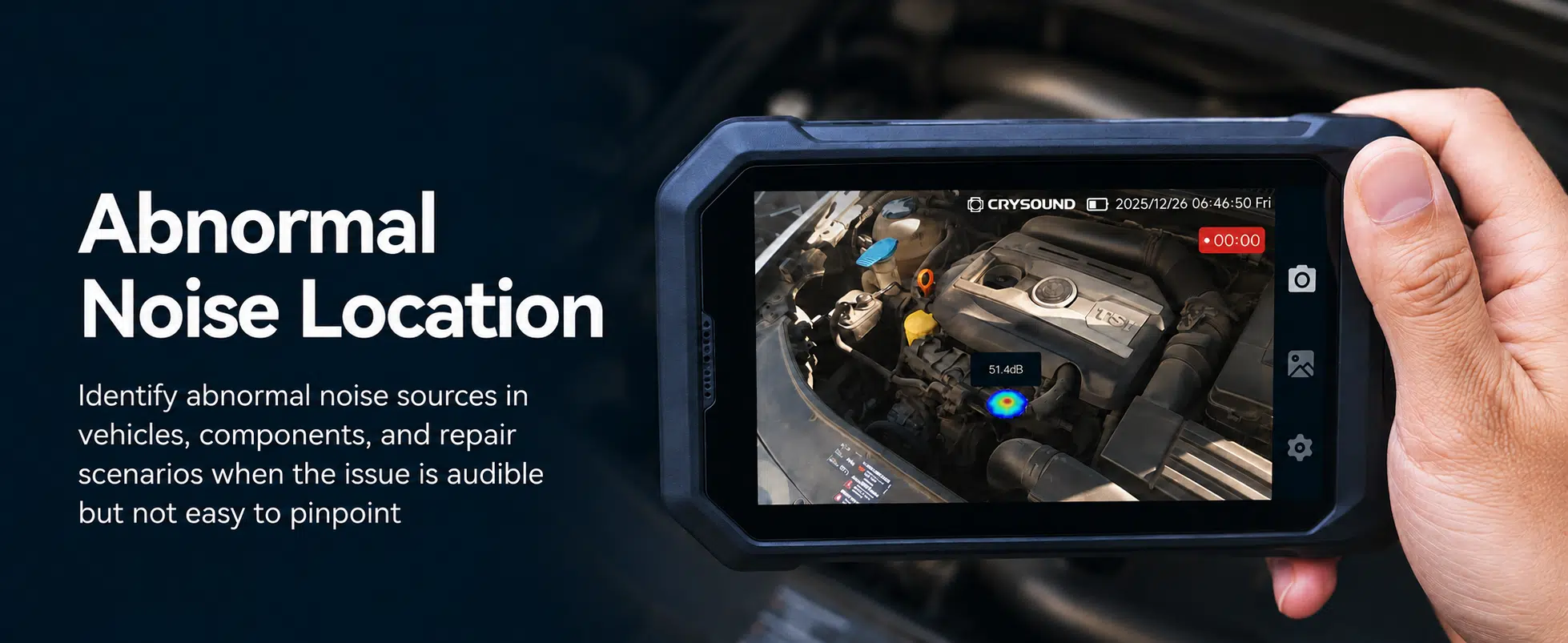 Acoustic camera locating abnormal noise sources in a vehicle engine for automotive diagnostics and troubleshooting