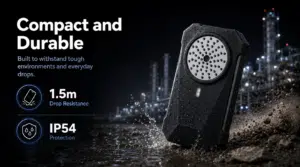 Caméra acoustique SonoCam Pocket avec protection IP54 et résistance aux chutes de 1,5 mètre, conçue pour une détection fiable des fuites et des décharges partielles dans des environnements industriels difficiles.